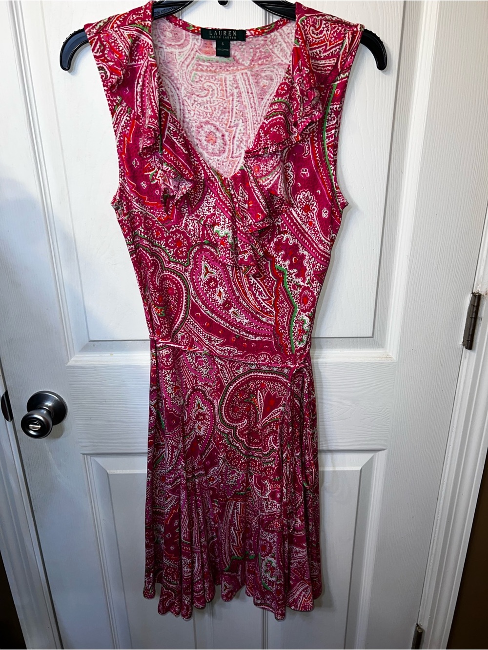Lauren Ralph Lauren Pink Paisley Ruffle V-Neck Faux Wrap Dress S 100% Cotton